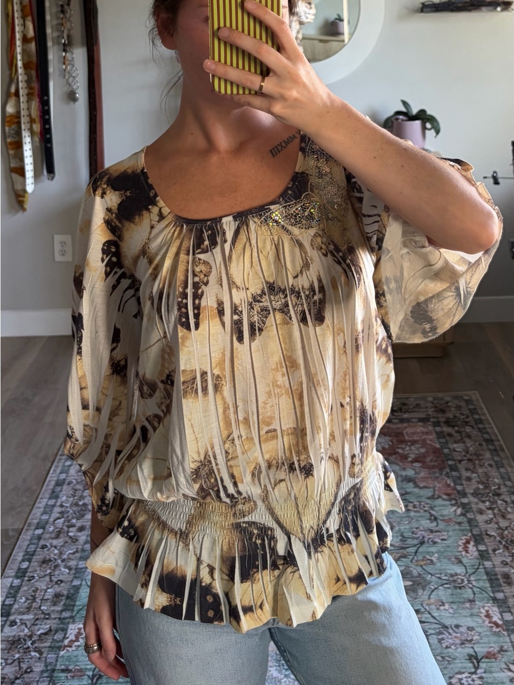 One World Butterfly Print Boho Peasant Blouse Size M